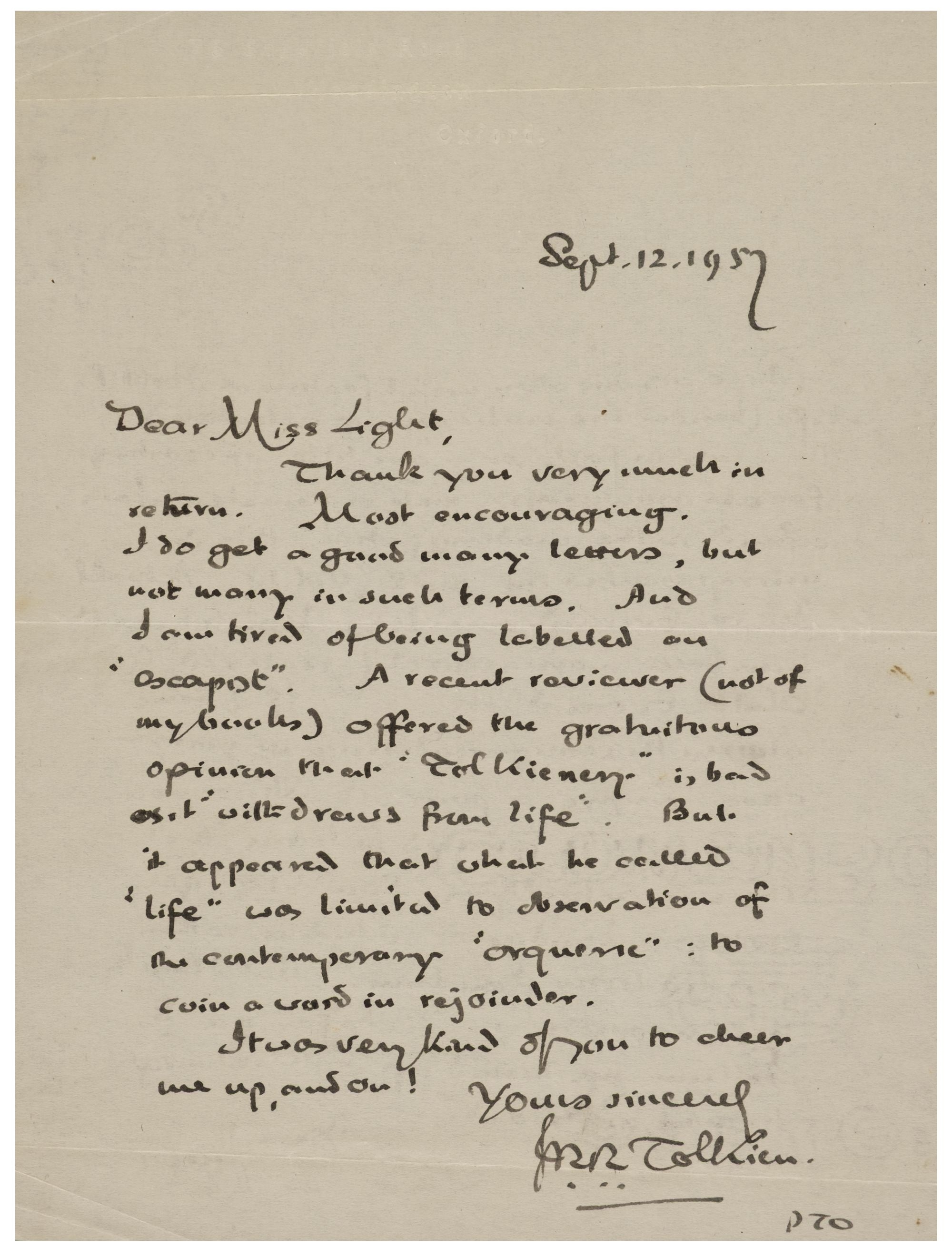 A signed letter by J. R. R. Tolkien.