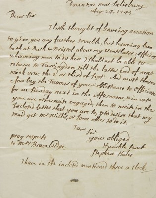 Lot 635 - Hales, Stephen, 1677-1761. Autograph letter signed, 1743
