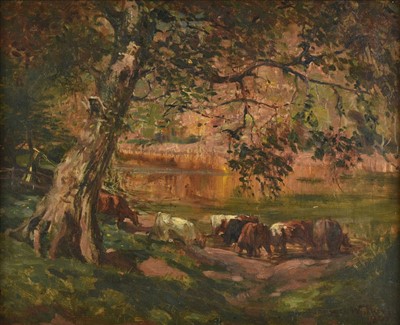 Lot 273 - Wallace (James, 1872-1911). Summer Landscape with Cattle Watering by a River, 1902