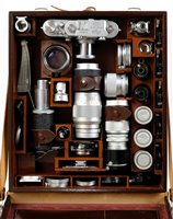 Lot 379 - Leica III chrome camera with 5 lenses and accessories