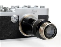 Lot 373 - Leica Ig chrome camera with Elmar "Mountain" 105mm f/6.3 lens.