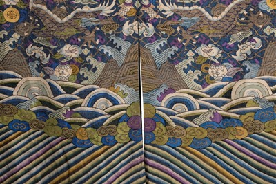 Lot 142 - Chinese Dragon Robe.  A kesi silk nine-dragon robe, late Qing Dynasty