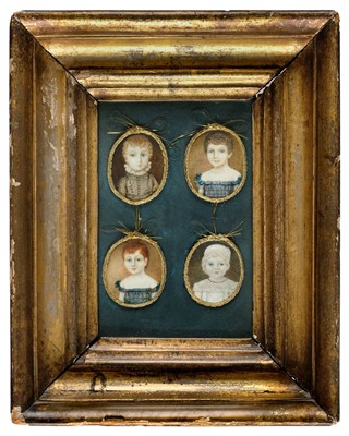 Lot 424 - Portrait Miniatures. A framed set of four oval miniature paintings of children, 1821