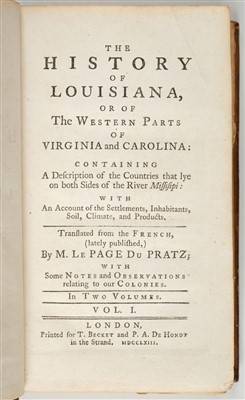 Lot 241 - Le Page Du Pratz (Antoine Simon). The History of Louisiana, 1763