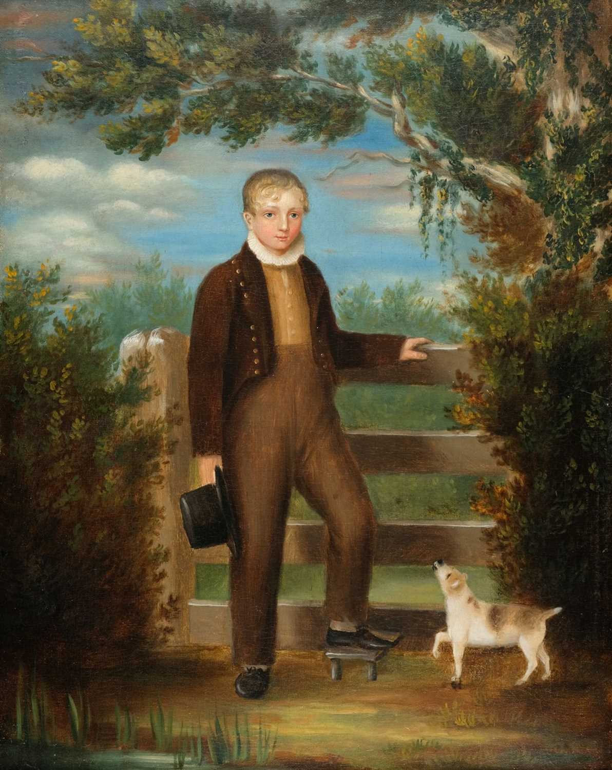 Lot 421 - Naive School. Regency portrait of a young boy beside a stile with a dog, circa 1820