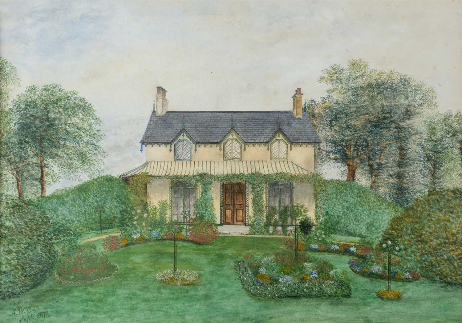 Lot 431 - Domestic Architecture. A gabled late Victorian house and flower garden, by A.W.C., Septr. 1871