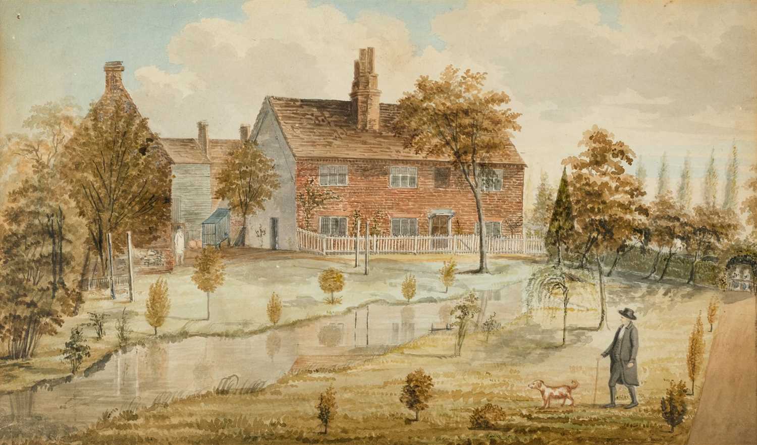 Lot 412 - Domestic Architecture. A farmhouse with gentleman and dog, circa 1800