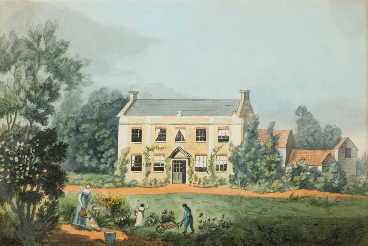 Lot 415 - Domestic Architecture. A Georgian house with figures in the garden, circa 1810