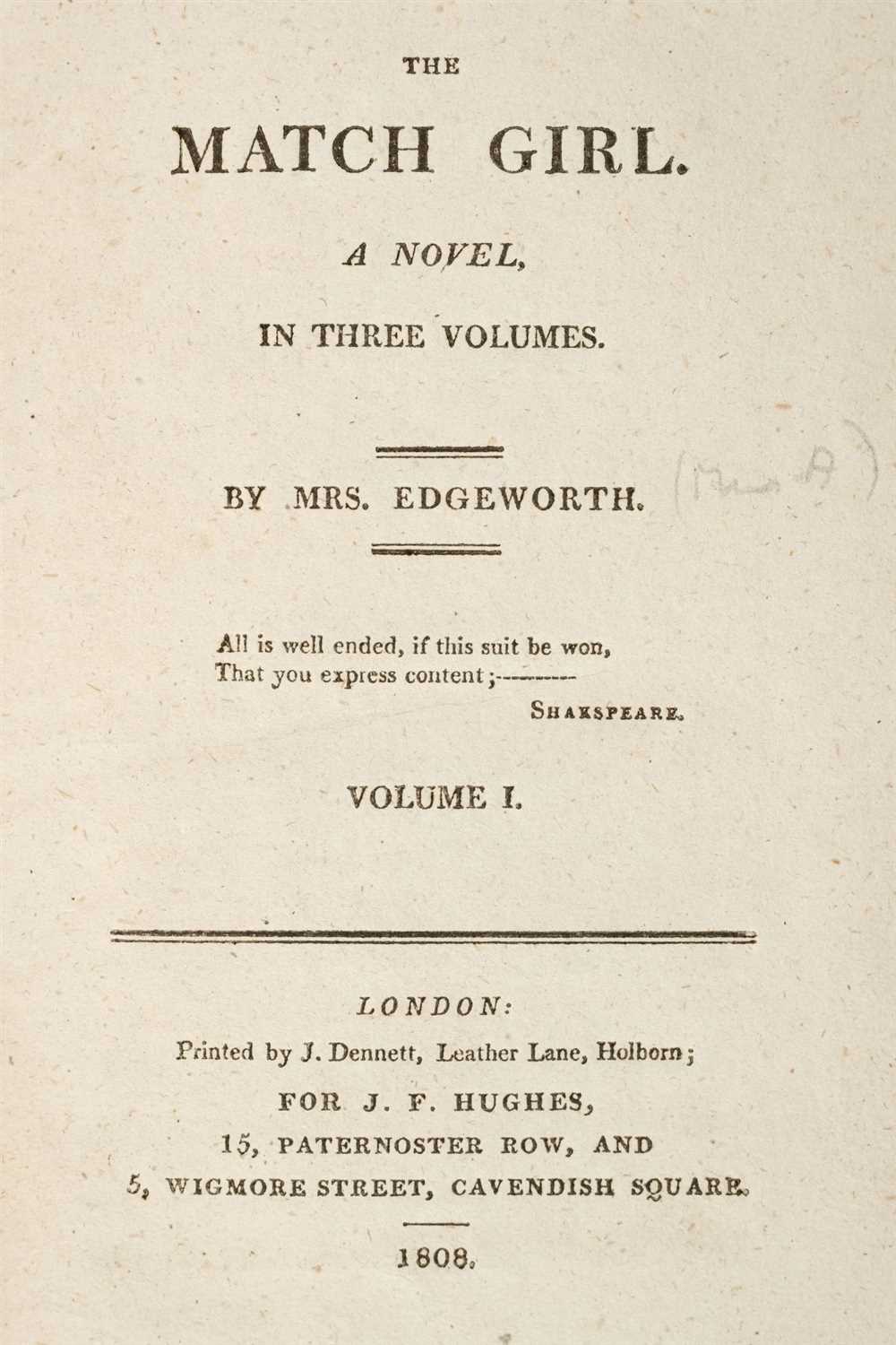 Lot 341 - Edgeworth (Maria). The Match Girl, A Novel, 1808