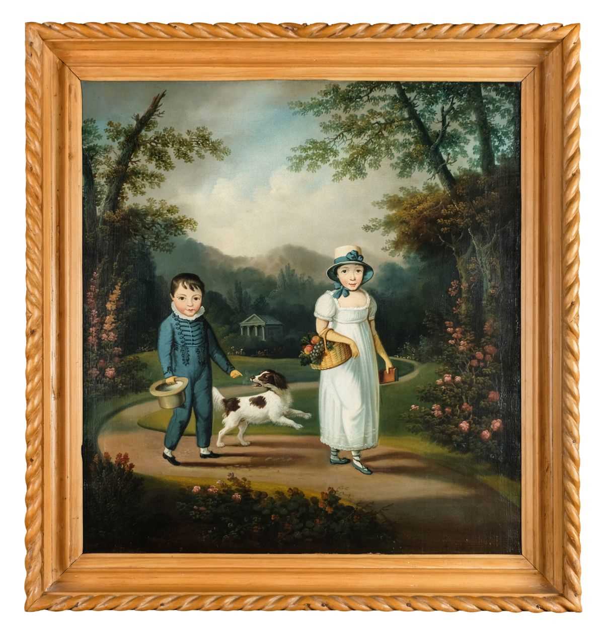 Lot 417 - Naive School. Regency portrait of two children and a dog in a garden, circa 1810