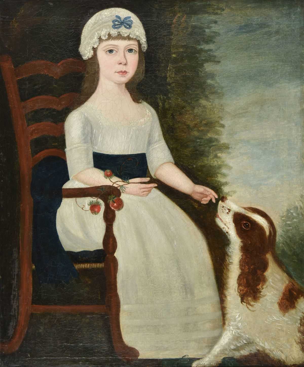 Lot 410 - Naive School. Portrait of a seated girl with spaniel, late 18th century