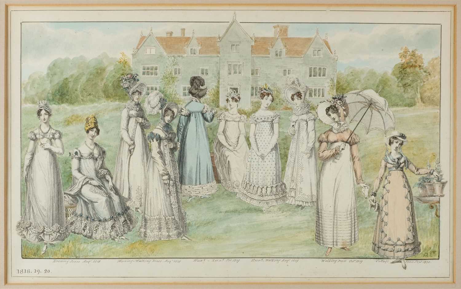 Lot 434 - Fashion. Pair of watercolours of country houses with figures from fashion plates, late 19th century