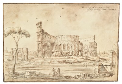 Lot 240 - Francesco Guardi (1712-1793, follower of). Coliseum and Arch of Titus, Rome