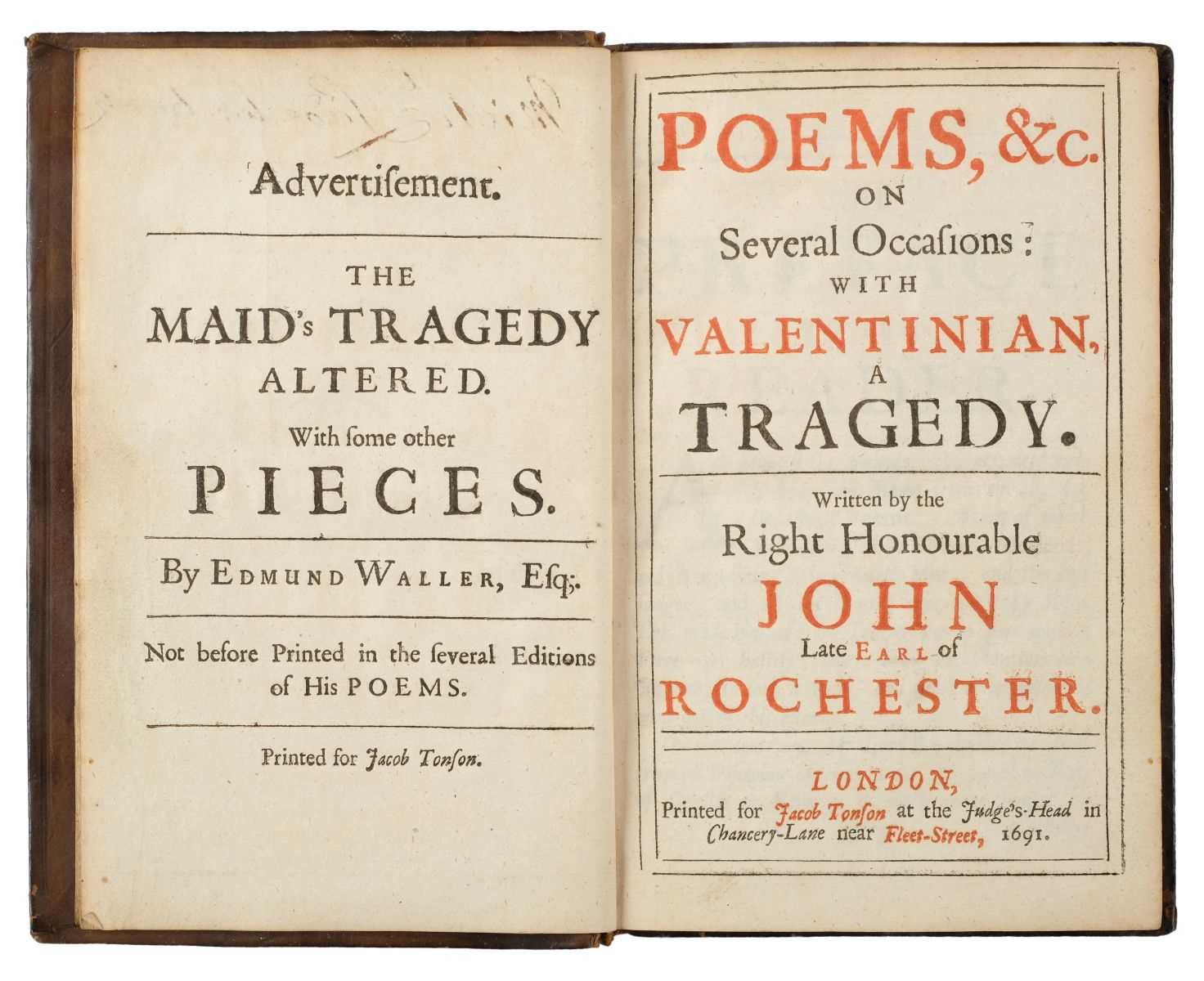 Lot 89 - Rochester (John Wimot, Earl of). Poems, etc., 1st authorized edition, for J. Tonson, 1691