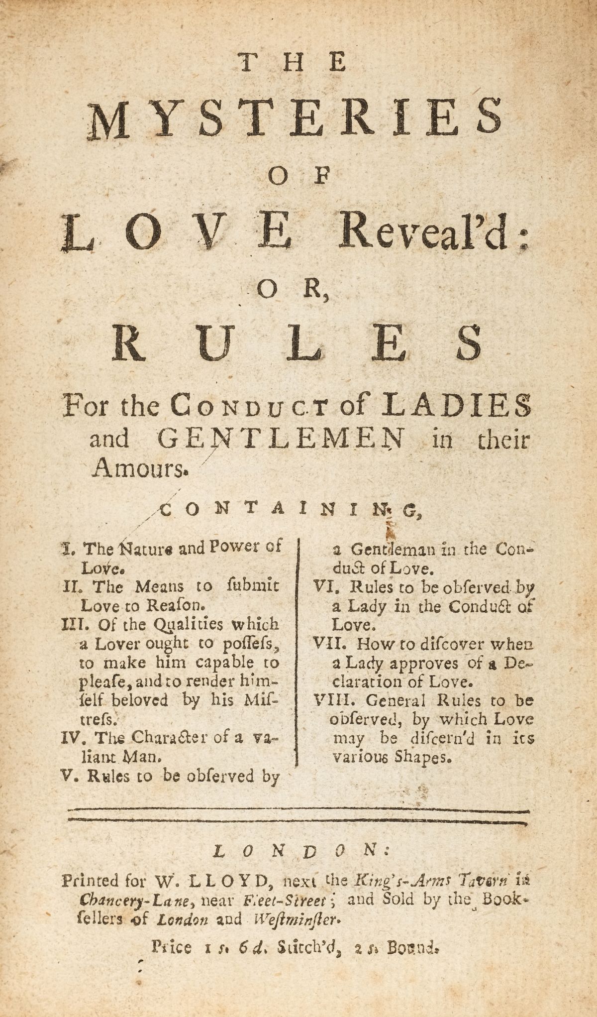 Lot 180 - Conduct book. The Mysteries of Love Reveal'd,