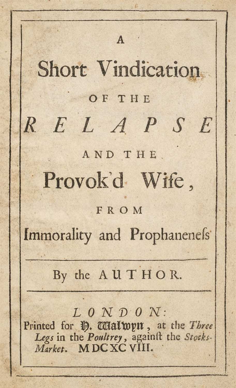 Lot 102 - Vanbrugh (John). Vindication of The Relapse and The Provok'd Wife, 1st edition, 1698