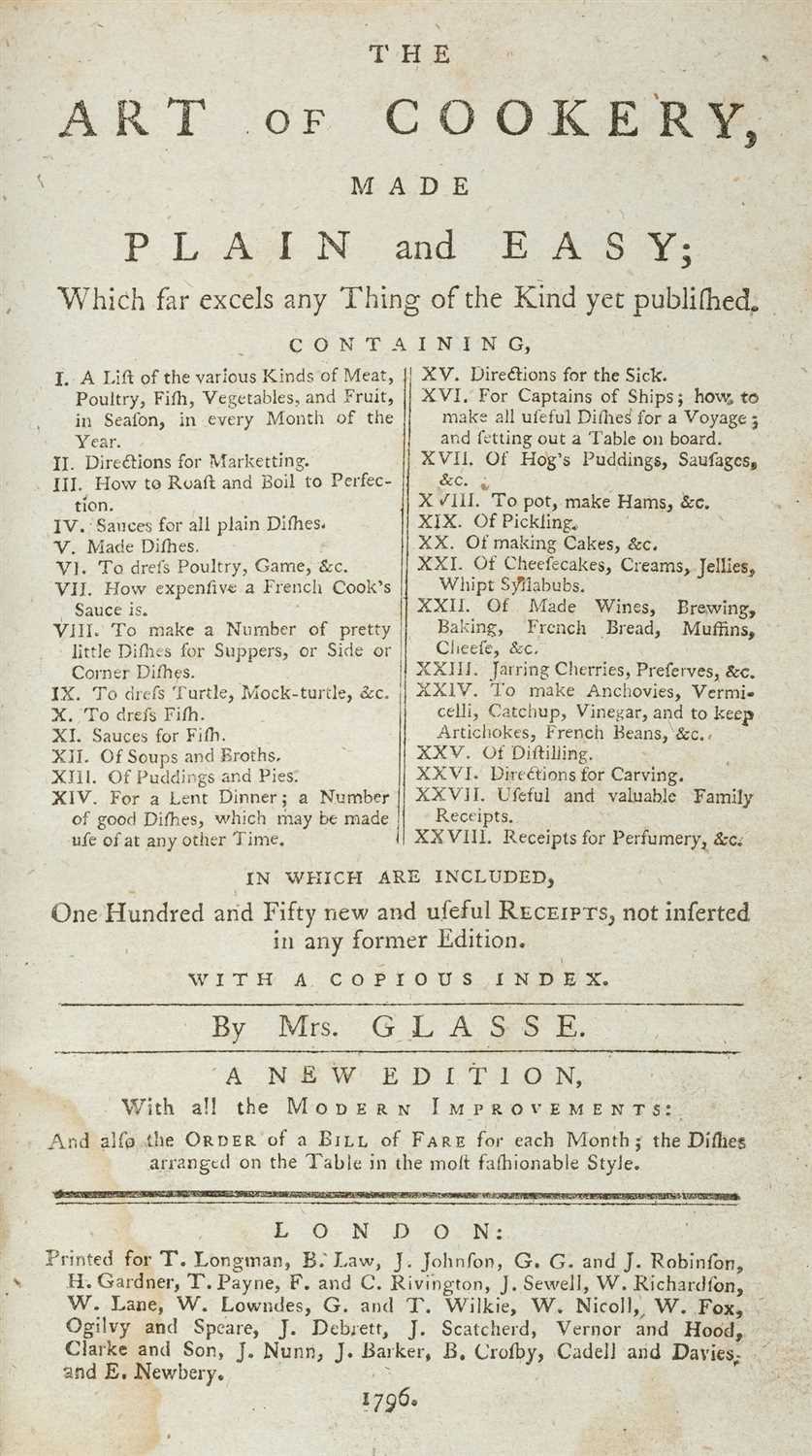Lot 321 - Glasse (Hannah). The Art of Cookery, 1796