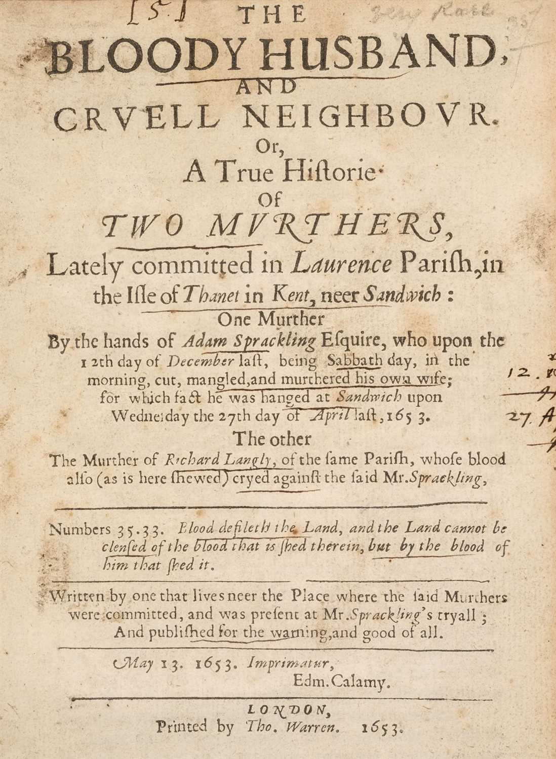 Lot 23 - Account of a Murder. The Unhappy Marksman, 1659
