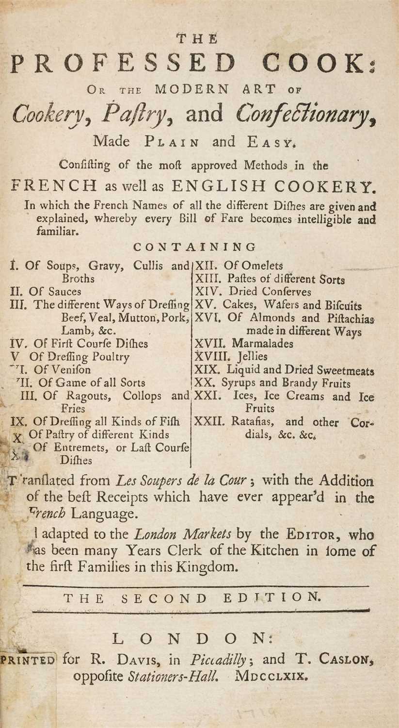 Lot 250 - Menon (& Bernard Clermont). The Professed Cook: or, the Modern Art of Cookery, 1769
