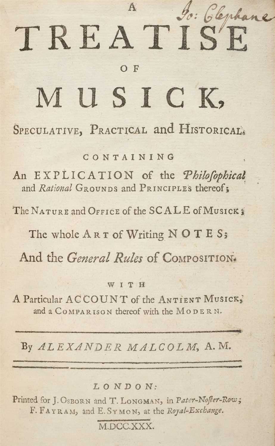Lot 162 - Malcolm (Alexander). A Treatise of Musick, 1730