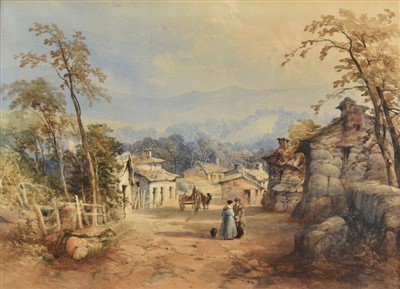 Lot 291 - Smith (James Burrell, 1822-1897). Figures on a Village Street, with Mountains Beyond, 1858