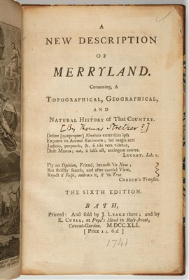 Lot 183 - Stretzer (Thomas). A New Description of Merryland, 1741