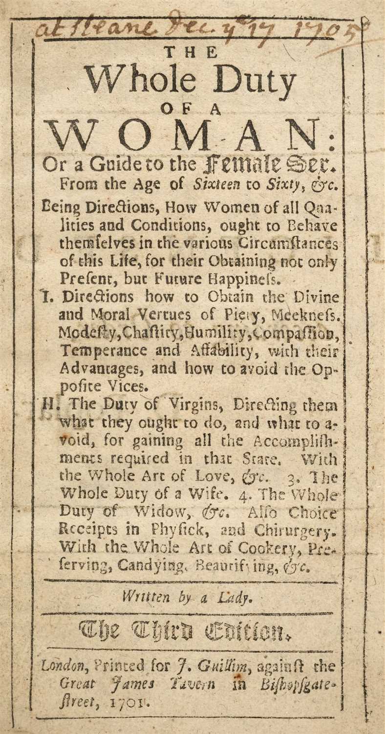 Lot 117 - Whole Duty of a Woman, Written by a Lady, 3rd edition, 1701