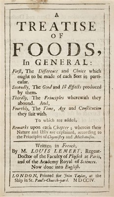Lot 123 - Lemery (Louis). A Treatise of Foods, in General, 1704