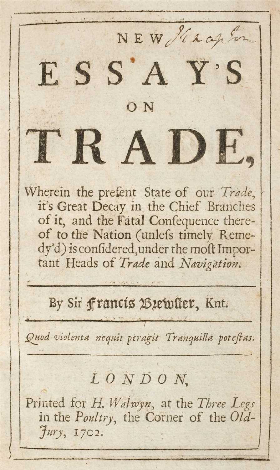 Brewster (Francis). New Essays on Trade, 1702