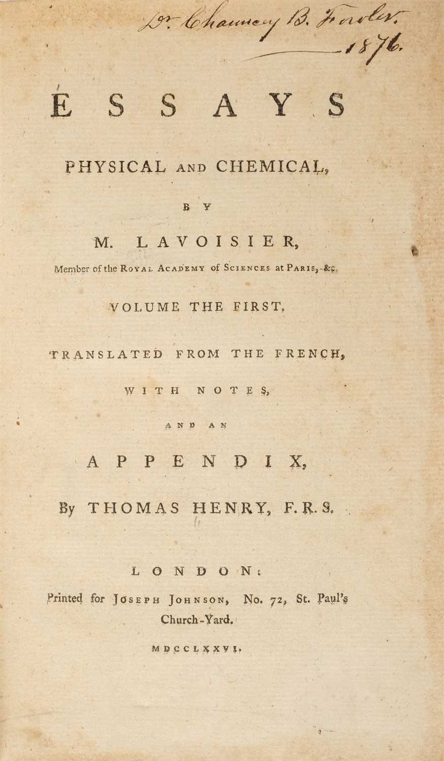 Lot 264 - Lavoisier (Antoine). Essays, Physical and Chemical, 1st edition in English, 1776