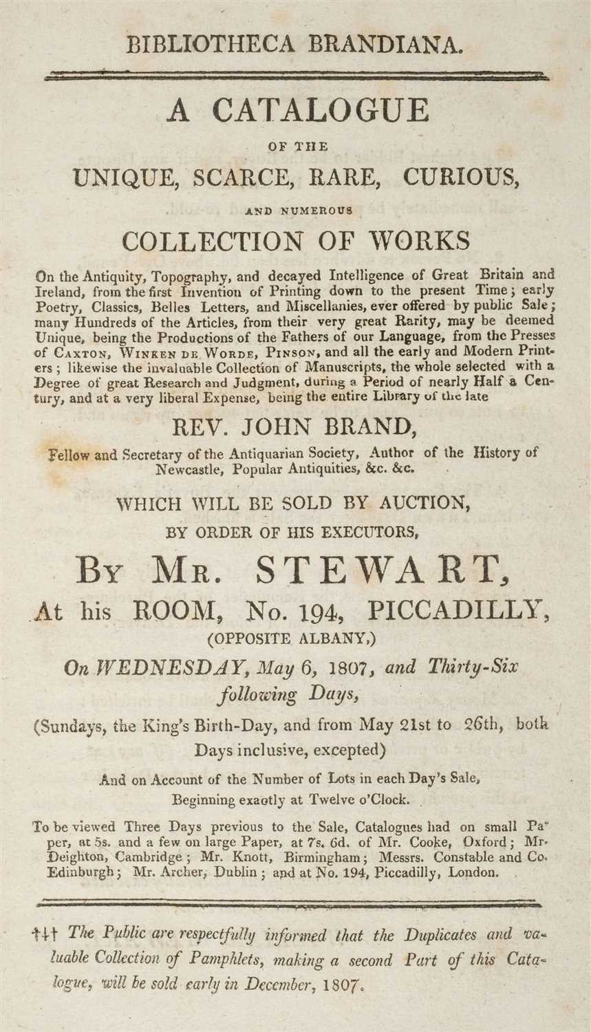Lot 339 - Auction Catalogue. Bibliotheca Brandiana, 1807