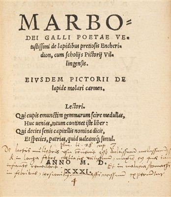 Lot 2 - Marbodus of Rennes. De lapidibus pretiosis Encheridion, 1531
