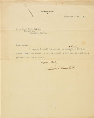 Lot 240 - (Winston Leonard Spencer, 1874-1965). Typed letter signed "Winston S Churchill", 1900
