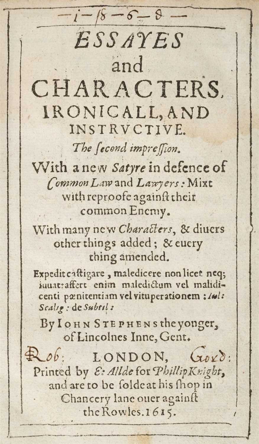 Lot 10 - Stephens (John). Essayes and Characters, Ironicall, and Instructive, 1615