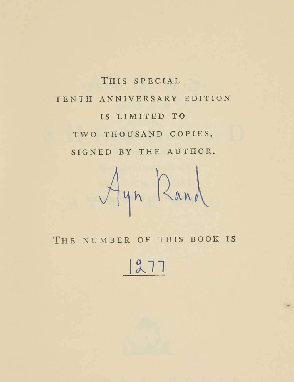 Lot 740 - Rand (Ayn). Atlas Shrugged, 10th anniversary edition, Random House, New York, 1967
