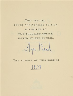 Lot 740 - Rand (Ayn). Atlas Shrugged, 10th anniversary edition, Random House, New York, 1967