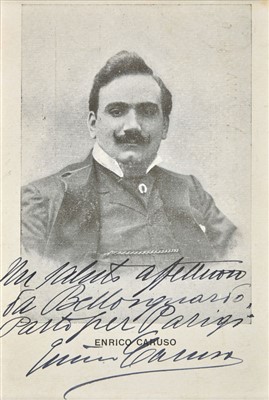 Lot 239 - Caruso (Enrico, 1873-1921). Photographic postcard, signed, 1908