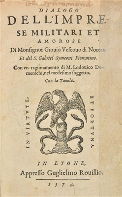 Lot 315 - Giovio (Paulo, Bishop of Nocera). Dialogo Dell'imprese Militari et Amorose, 1574