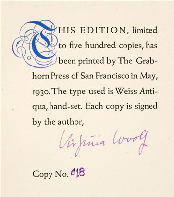 Lot 771 - Woolf (Virginia). Street Haunting, 1st edition, San Francisco: Westgate Press, 1930