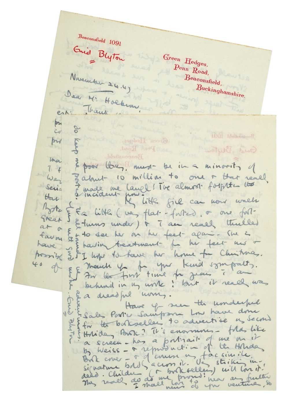 Lot 537 - Blyton (Enid, 1897-1968). Autograph Letter, Signed, 1947