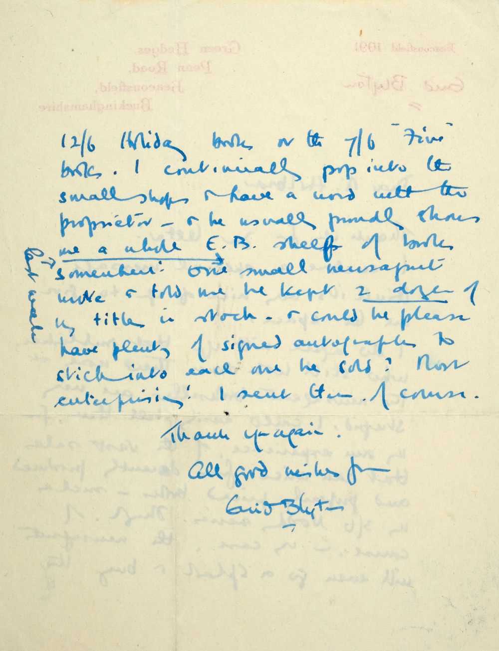 Lot 540 - Blyton (Enid, 1897-1968). Autograph Letter, Signed, 1950s