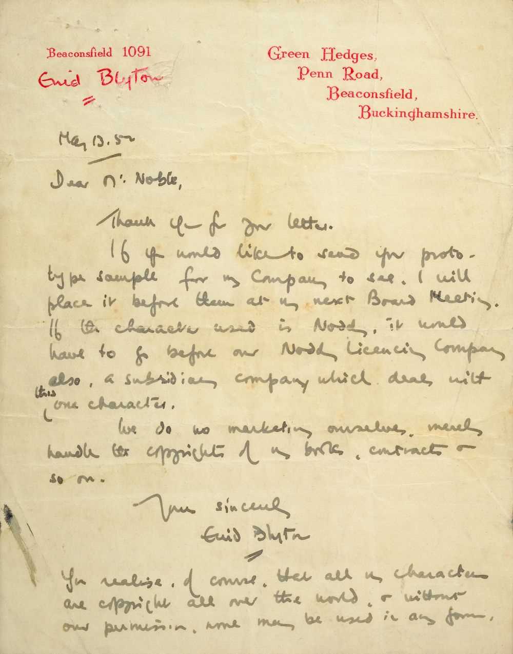 Lot 542 - Blyton (Enid, 1897-1968). Autograph Letter, Signed, 1952