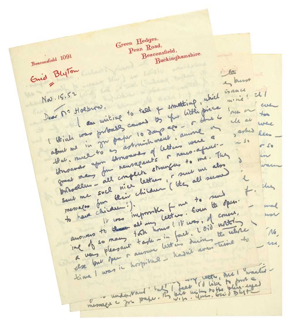Lot 543 - Blyton (Enid, 1897-1968). Autograph Letter, Signed, 1952