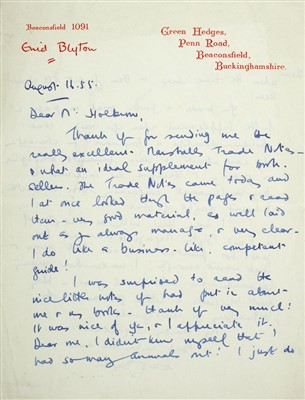 Lot 544 - Blyton (Enid,1897-1968). Autograph Letter, Signed, 1955