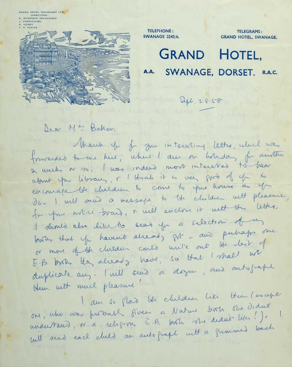Lot 545 - Blyton (Enid, 1897-1968). Autograph Letter, Signed, 1958