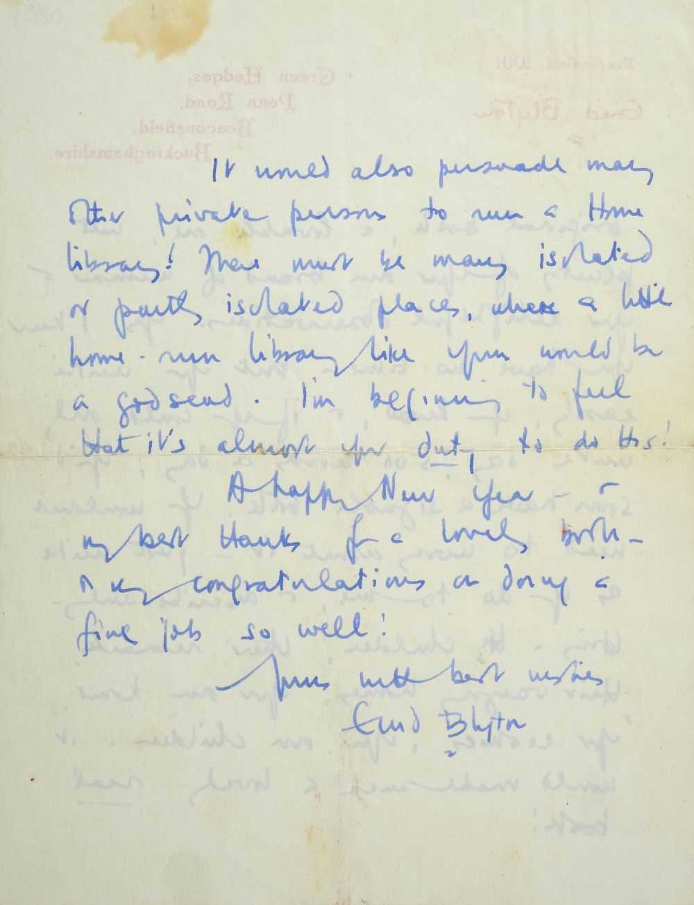 Lot 546 - Blyton (Enid, 1897-1968). Autograph Letter, Signed, 1960
