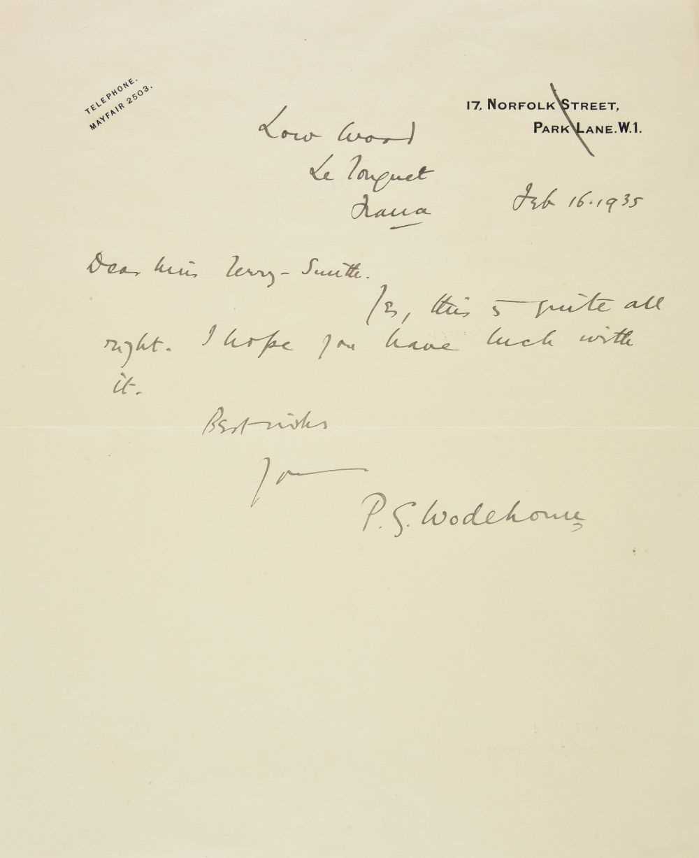 Lot 766 - Wodehouse (Pelham Grenville, 1881-1975). Autograph letter signed, 16 February 1935