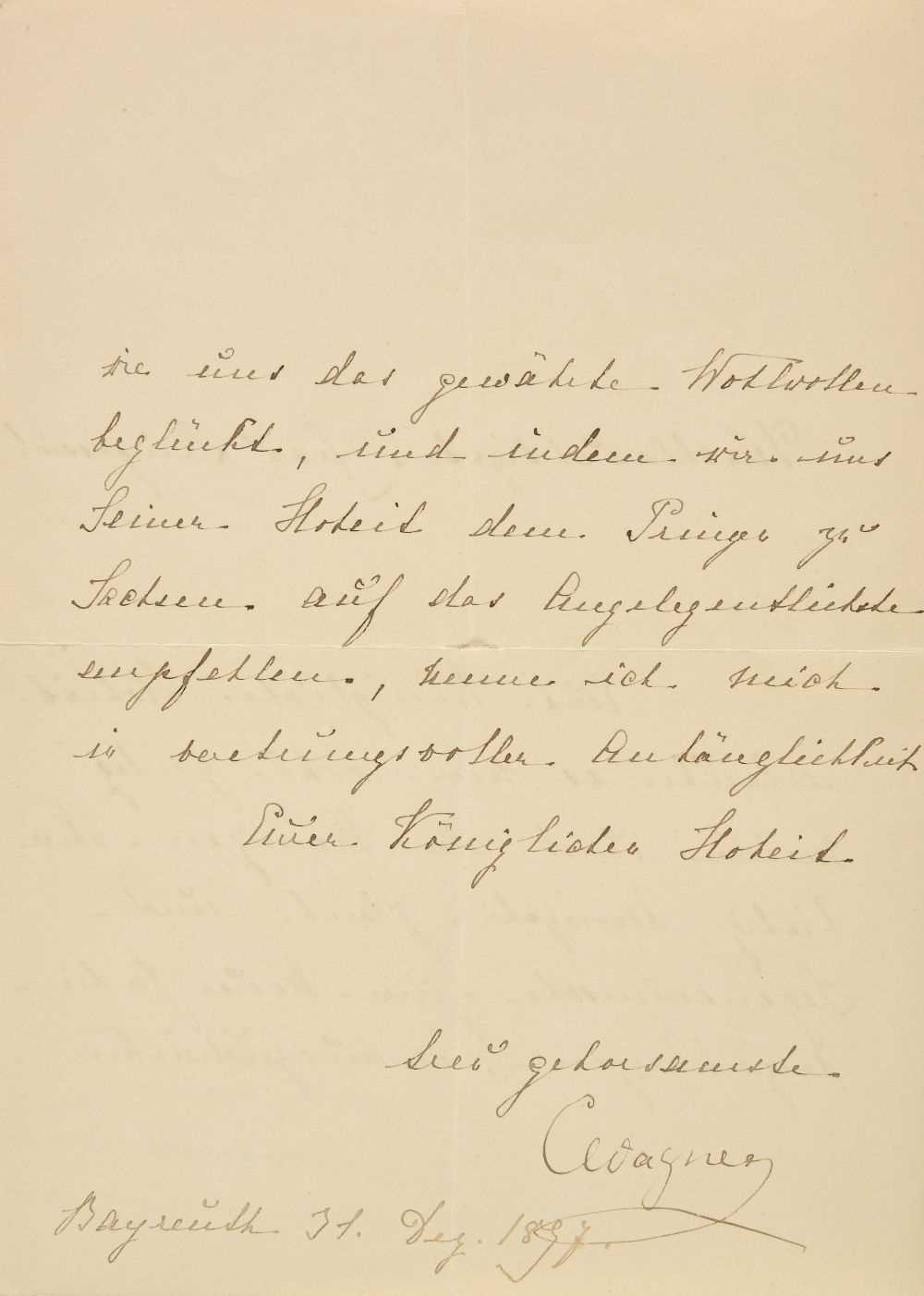Lot 265 - Wagner (Cosima, 1837-1930). Autograph letter signed, Bayreuth, 31 December 1897