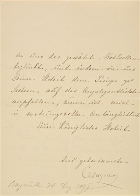 Lot 265 - Wagner (Cosima, 1837-1930). Autograph letter signed, Bayreuth, 31 December 1897