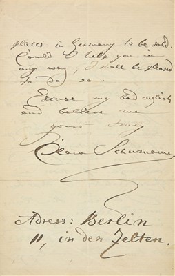 Lot 258 - Schumann (Clara, 1819-1896). Autograph letter signed